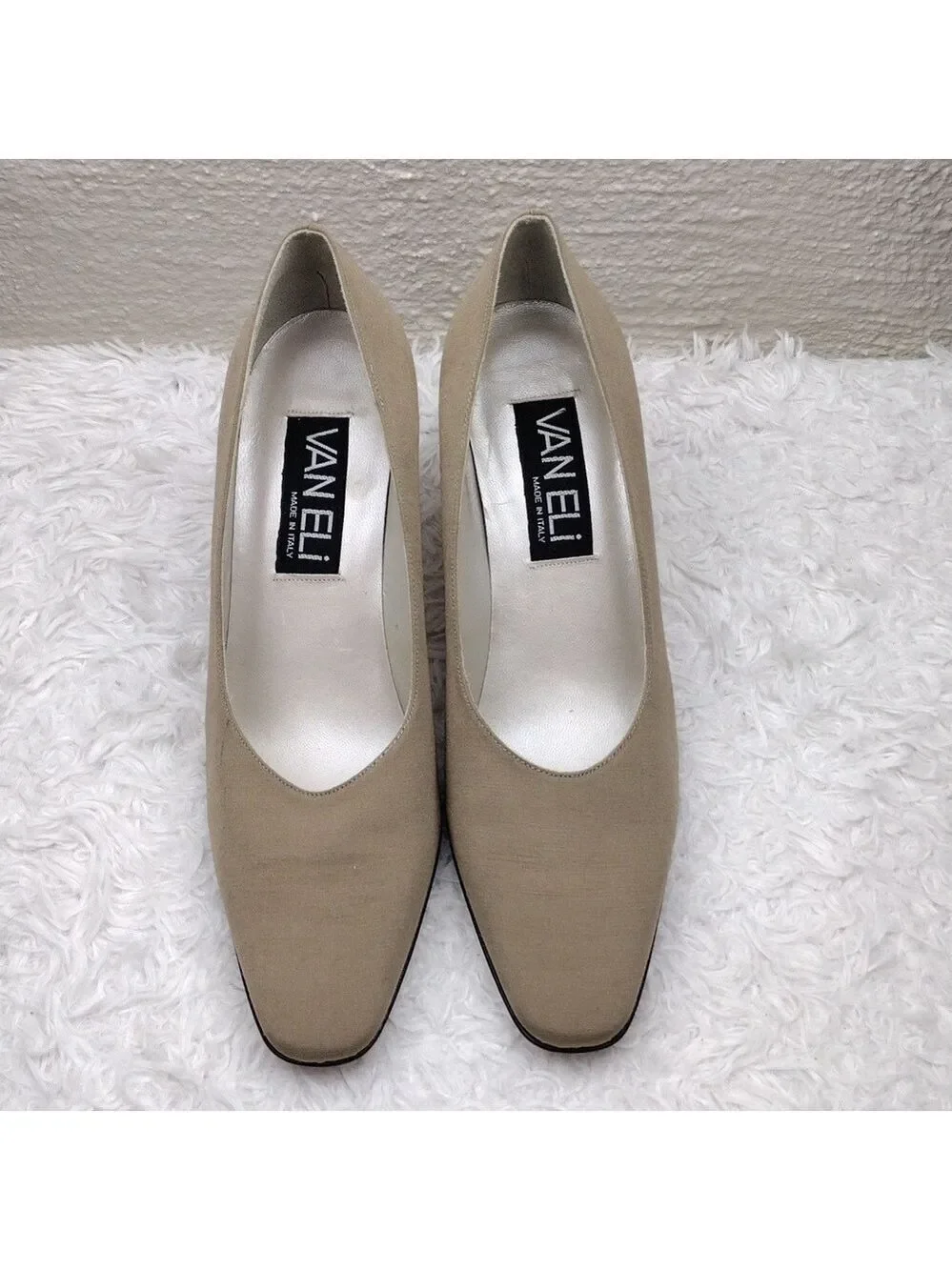 Van Eli Barbette Beige Tan Fabric Square Toe Mid Square Heel Slip On Pump Shoe